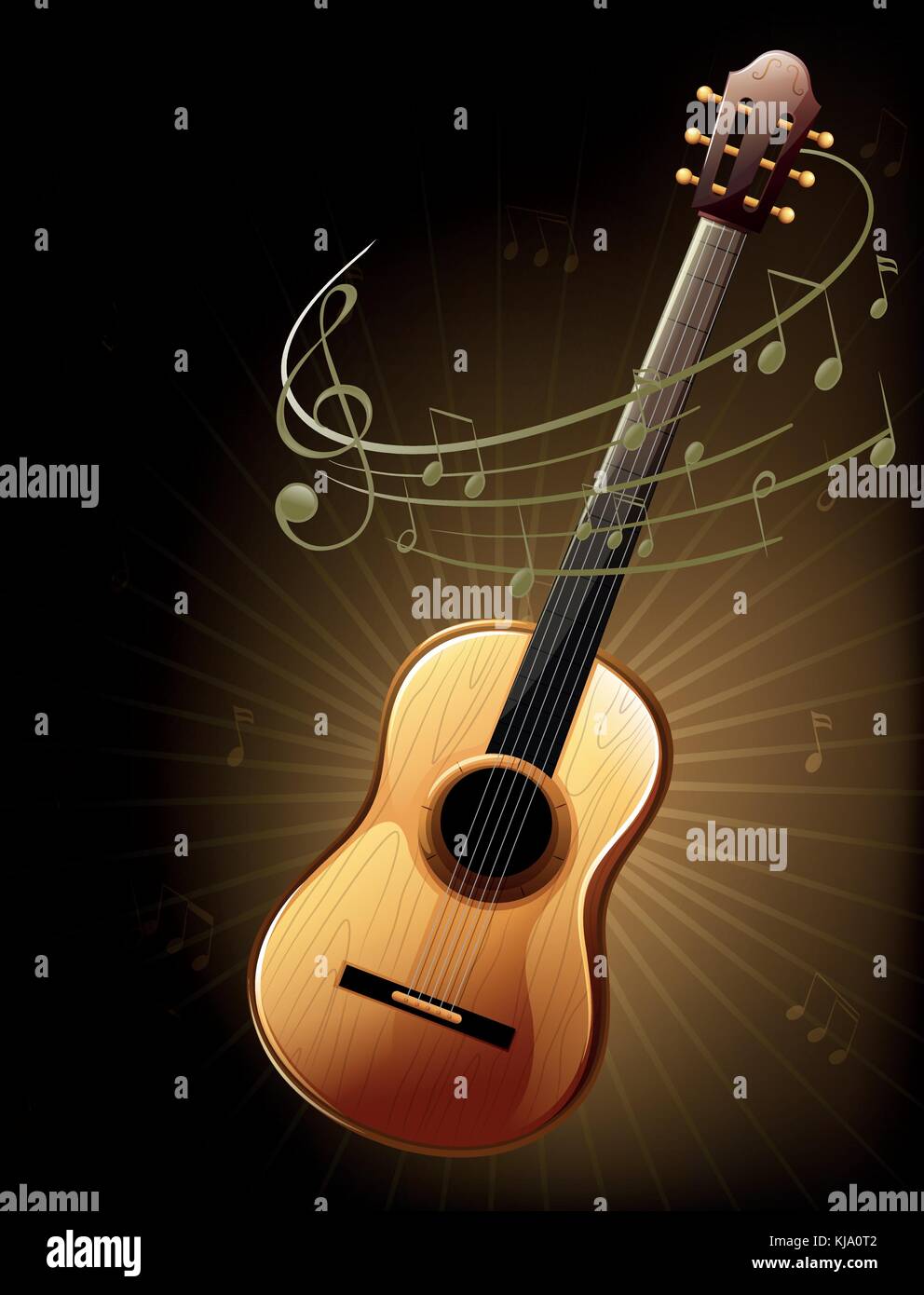 Illustration of a brown guitar with musical notes Stock Vector