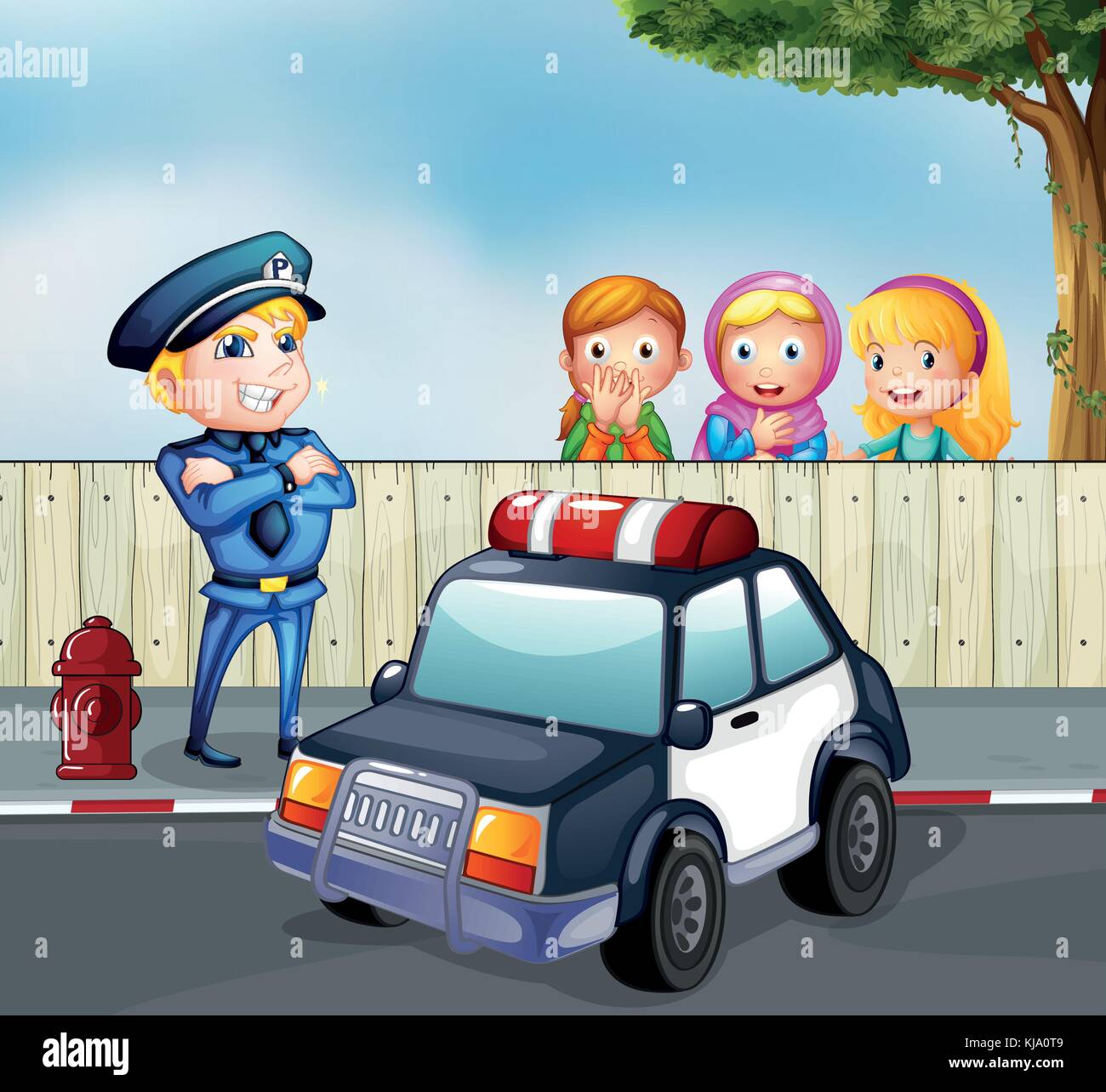 Illustration of a policeman and the three girls outside the fence Stock Vector