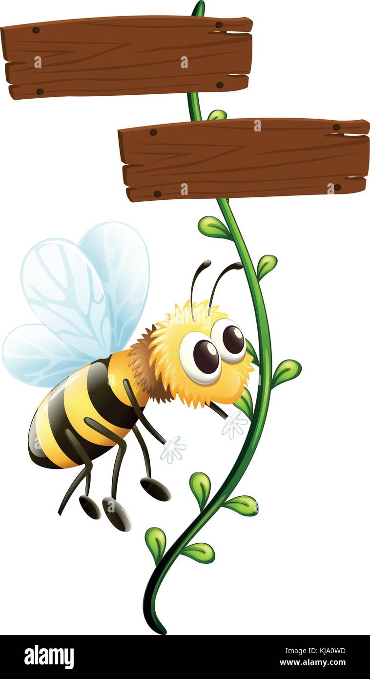 Illustration of a bee near a blank signboard on a white background ...