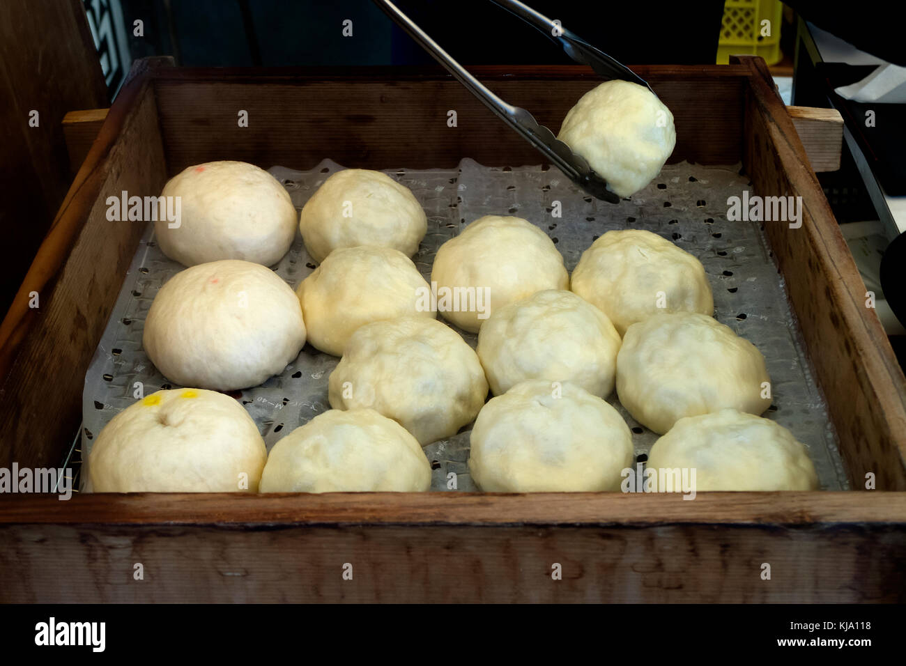 Making fFresh steamed Japanese Oyaki, famous in Nagano Prefecture Stock Photo