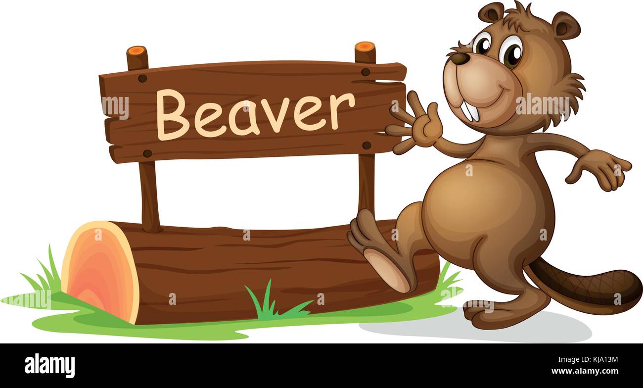 Illustration of a beaver beside a wooden signage on a white background ...