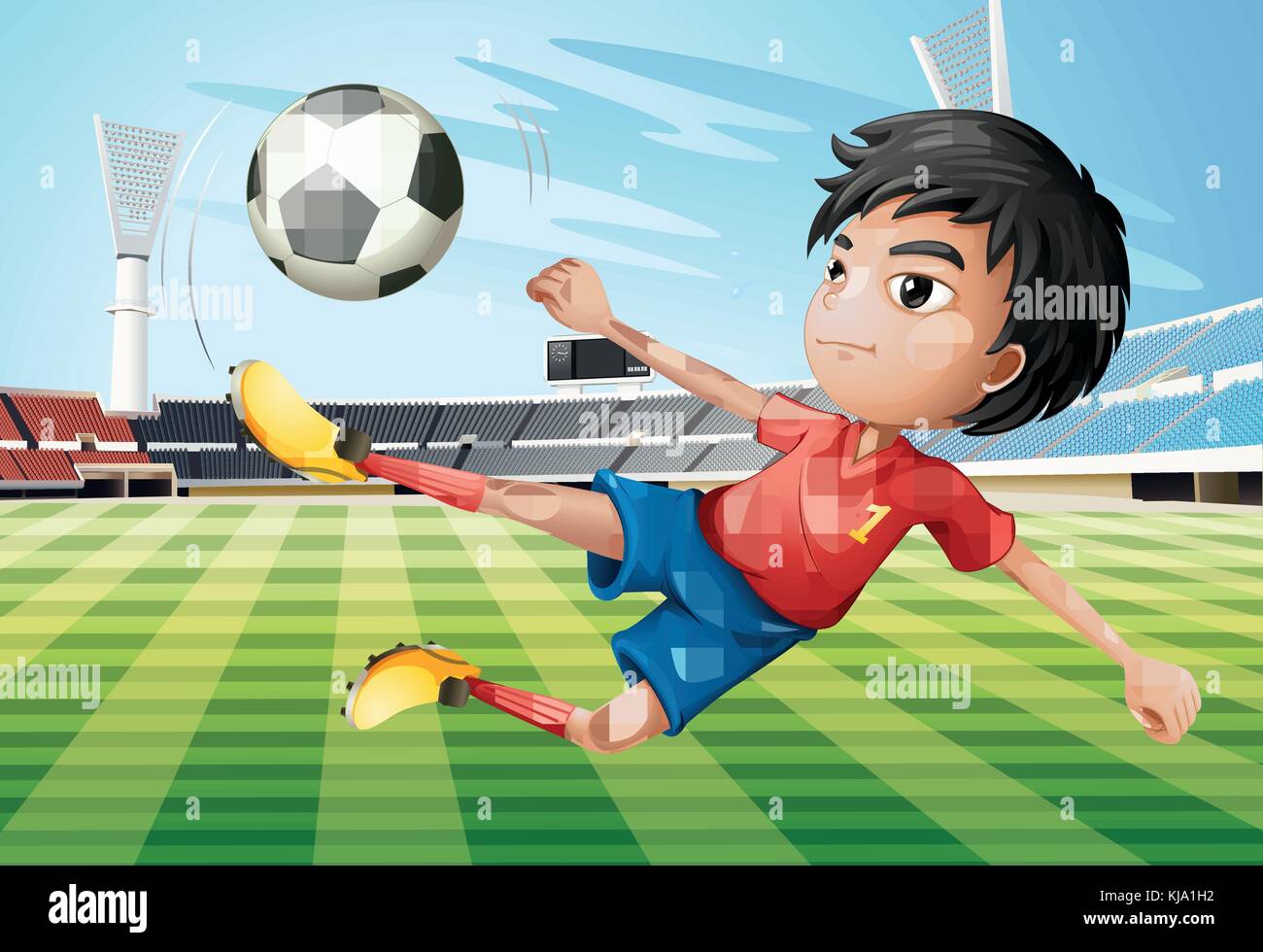 Illustration of a boy playing soccer at the soccer field Stock Vector