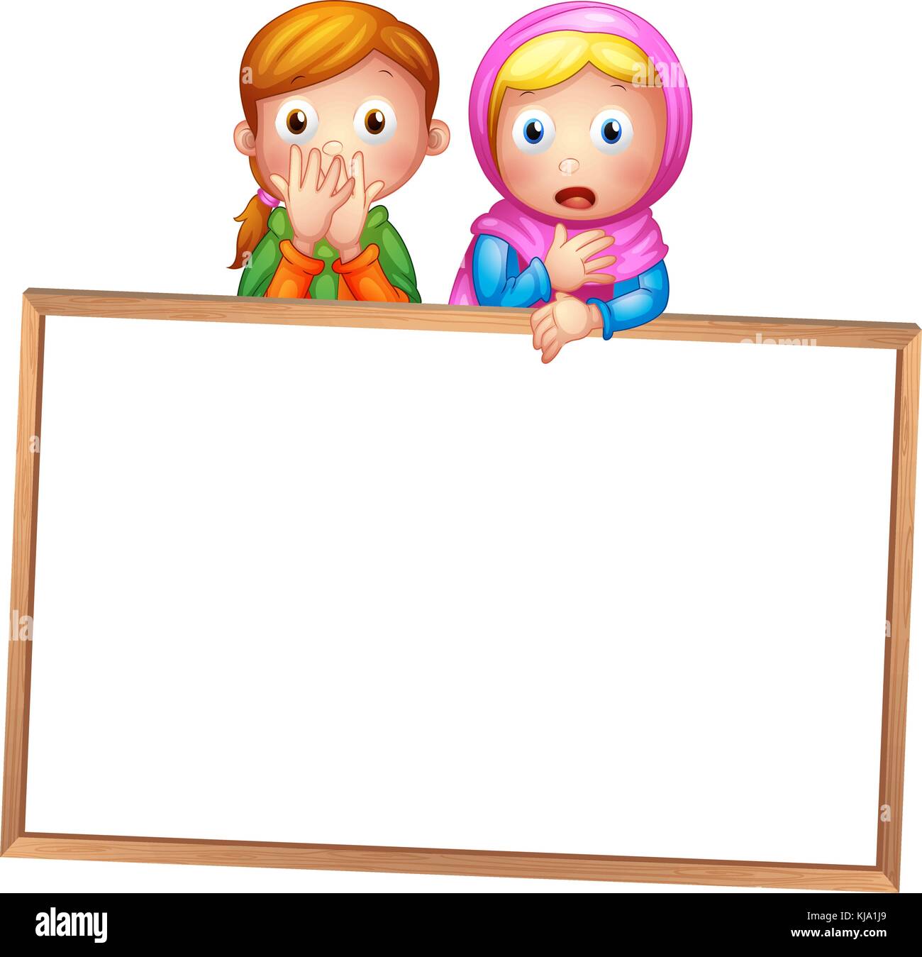 Illustration of an empty framed white board with two girls on a white ...