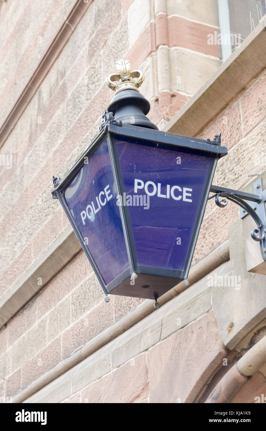 Old fashioned blue police lantern at Chester Town Hall police station Stock Photo