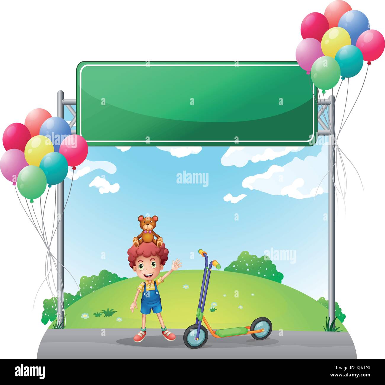 Illustration of a young boy with his toys near the empty signage on a ...