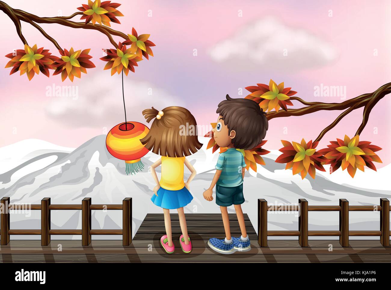 Illustration of a young girl and a young boy at the bridge Stock Vector ...