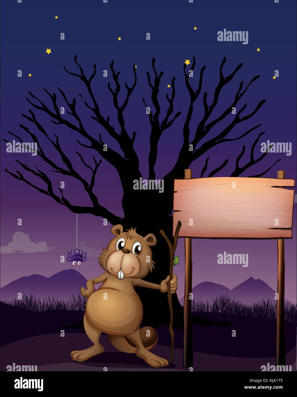 Illustration of a beaver beside a wooden signboard Stock Vector Image ...