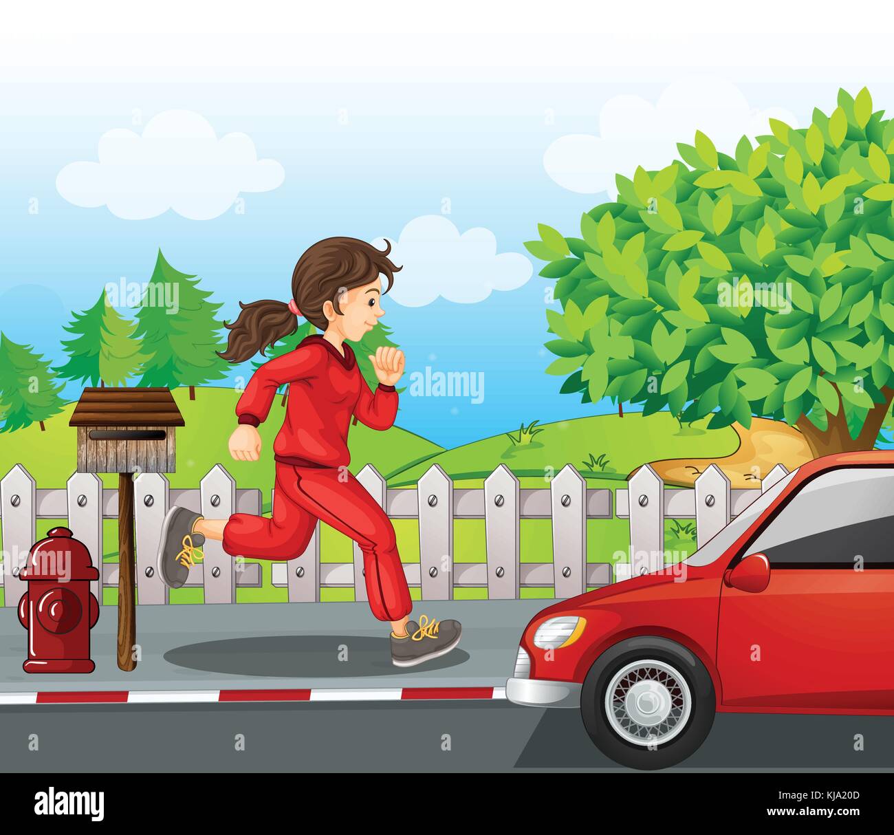 Illustration of a girl in a red jacket and pants running Stock Vector