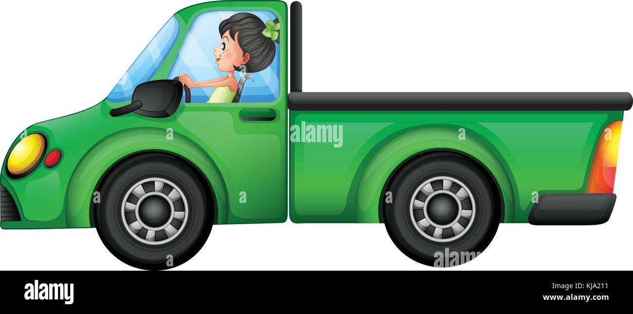 Illustration of a green car driven by a girl on a white background Stock Vector