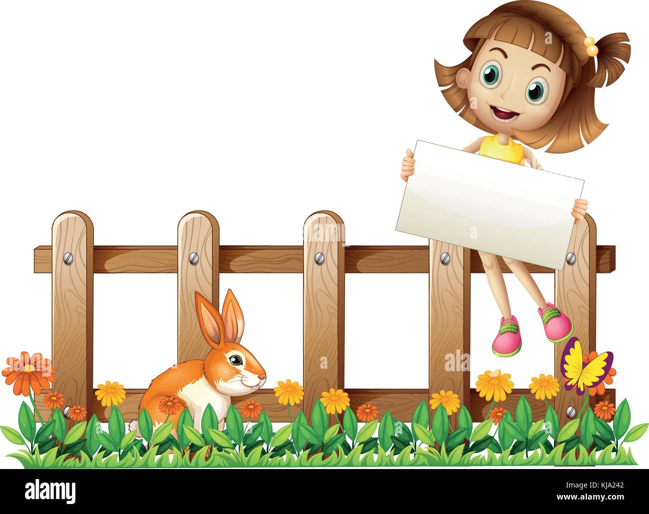 Illustration of a girl sitting at the fence with an empty board on a white background Stock Vector