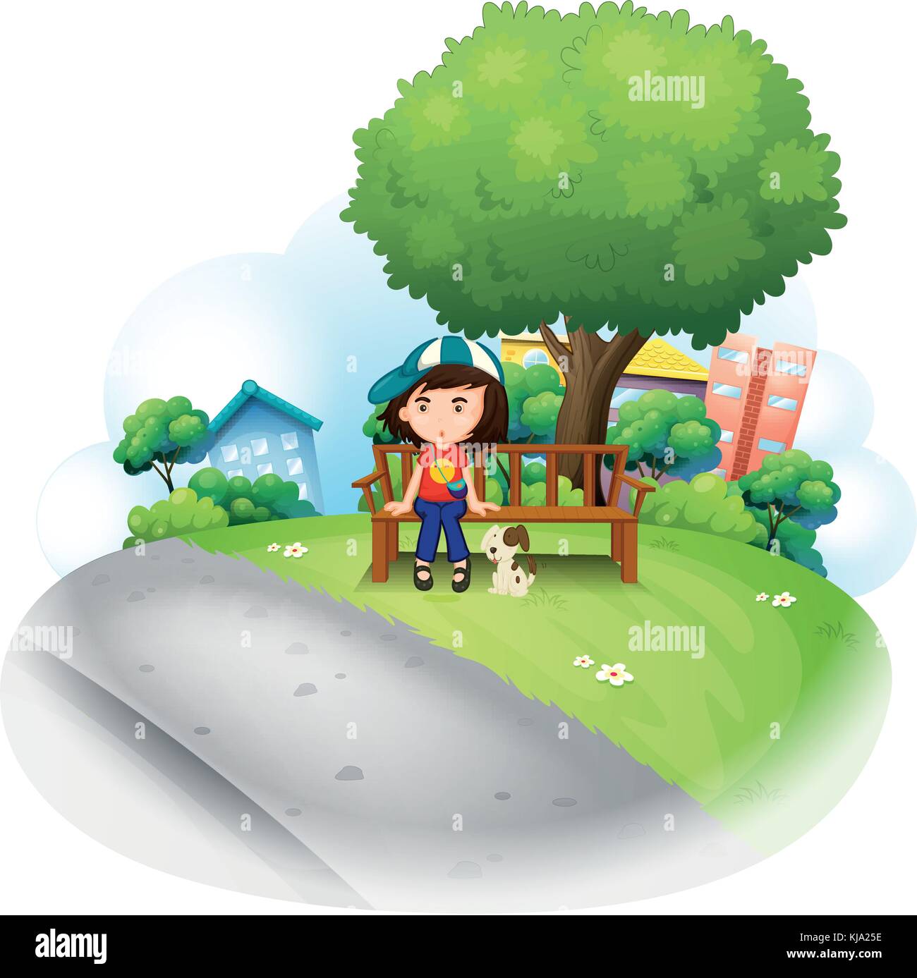 Illustration of a girl sitting at the wooden bench near the big tree on ...