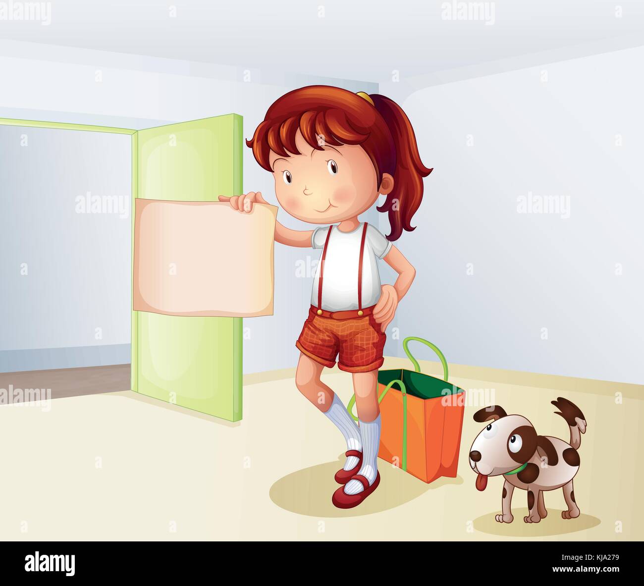 Illustration Of A Girl Holding A Blank Paper With A Bag And A Dog Stock Vector Image Art Alamy