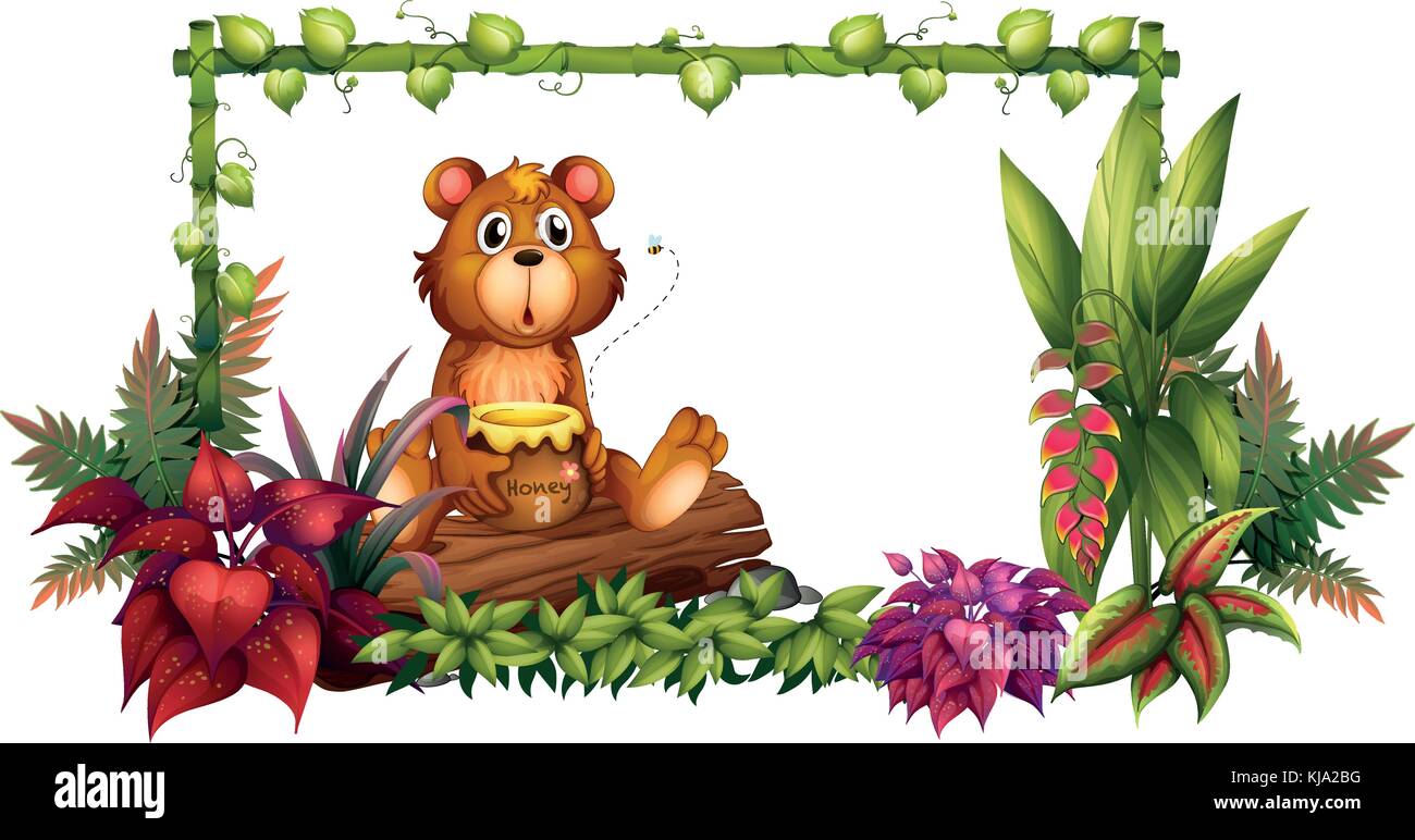 Illustration of a bear above a trunk in the garden on a white ...