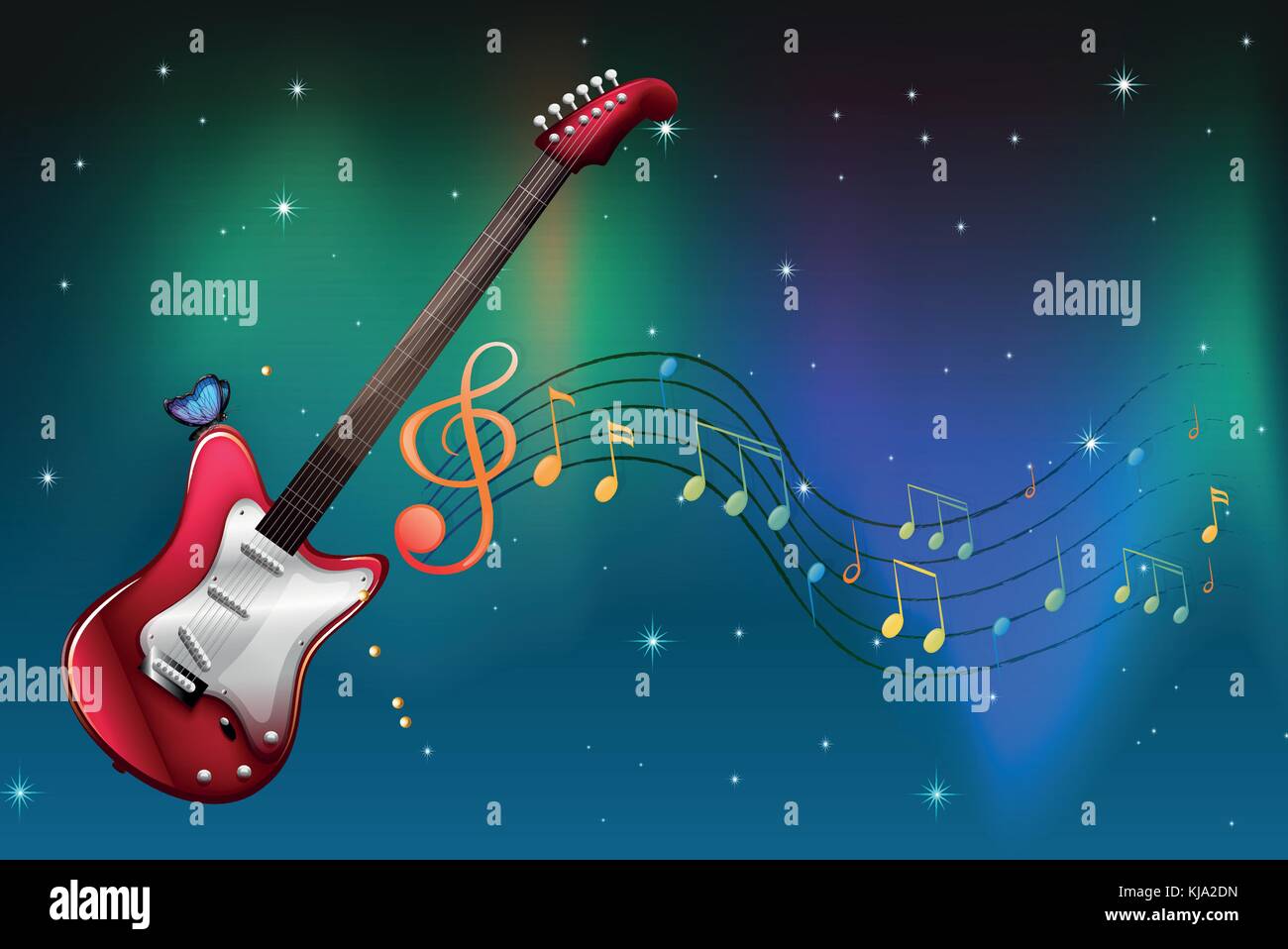 Illustration of a red guitar with musical notes Stock Vector