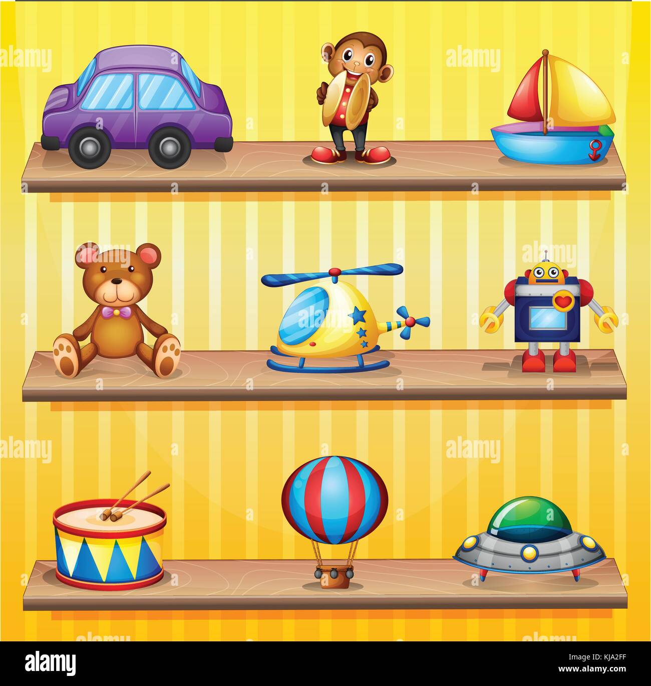 Illustration of the different toys arranged at the wooden shelves Stock Vector