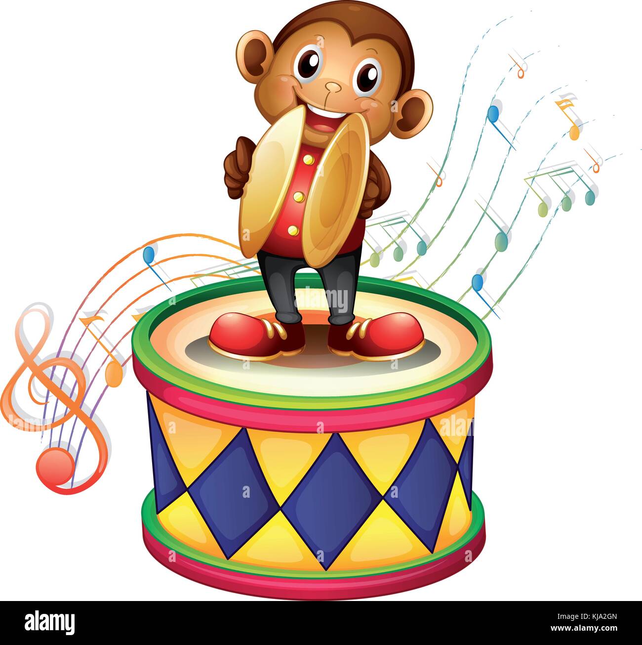 Illustration of a monkey above a drum with cymbals on a white background Stock Vector