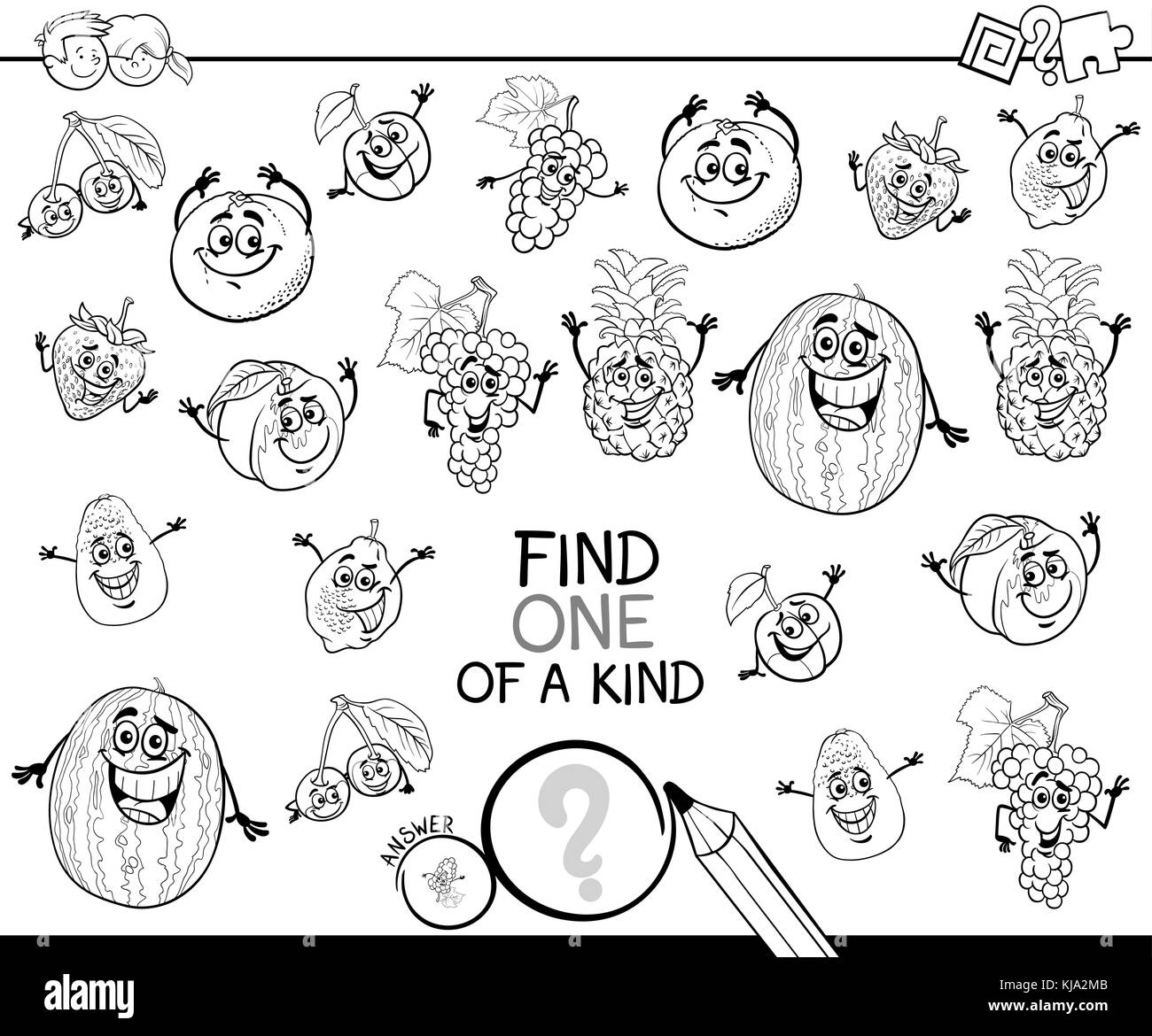 Black and White Cartoon Illustration of Find One of a Kind Educational Activity Game for Children with Fruits Funny Characters Coloring Book Stock Vector