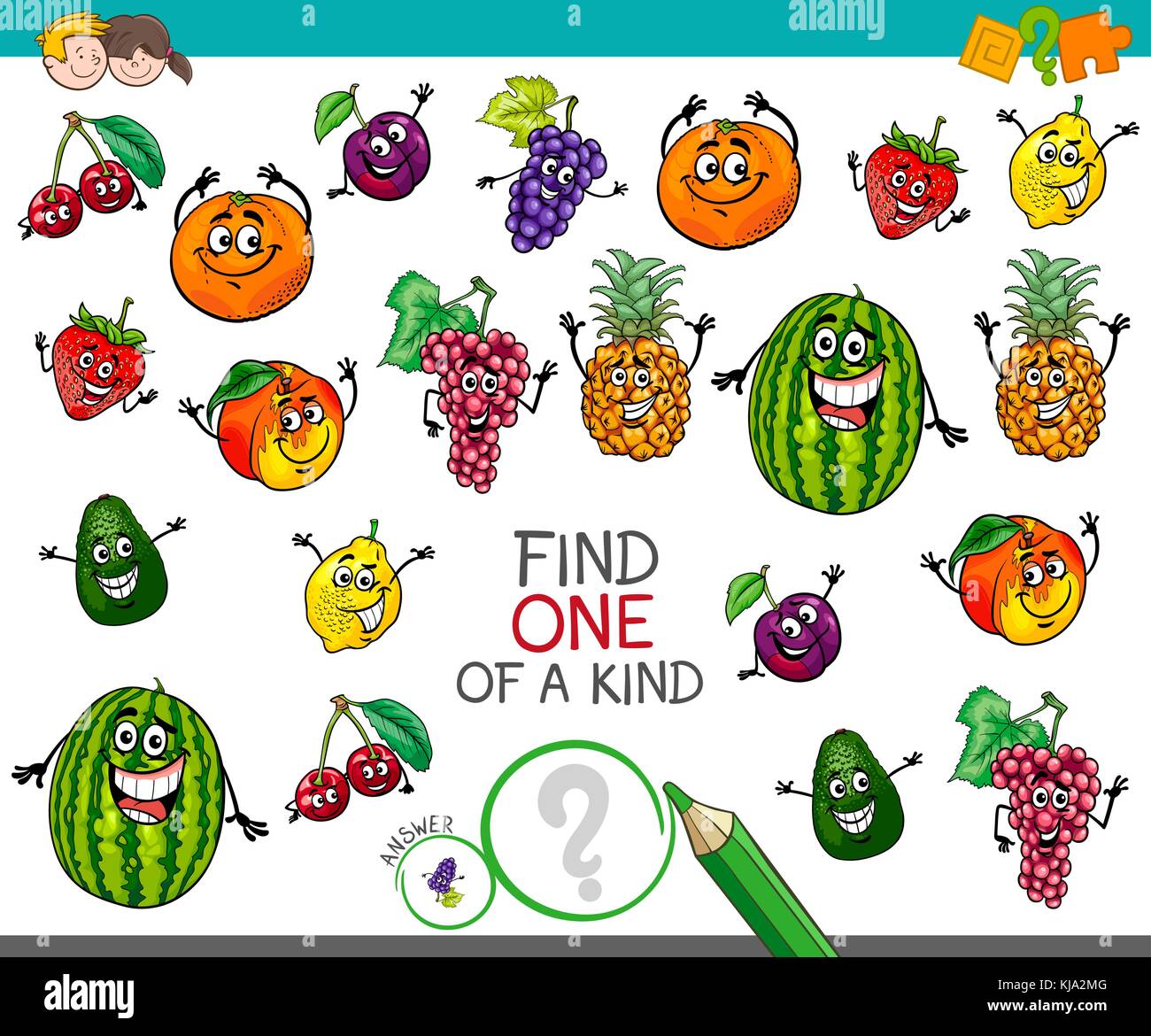 Cartoon Illustration of Find One of a Kind Educational Activity Game for Children with Fruits Funny Characters Stock Vector