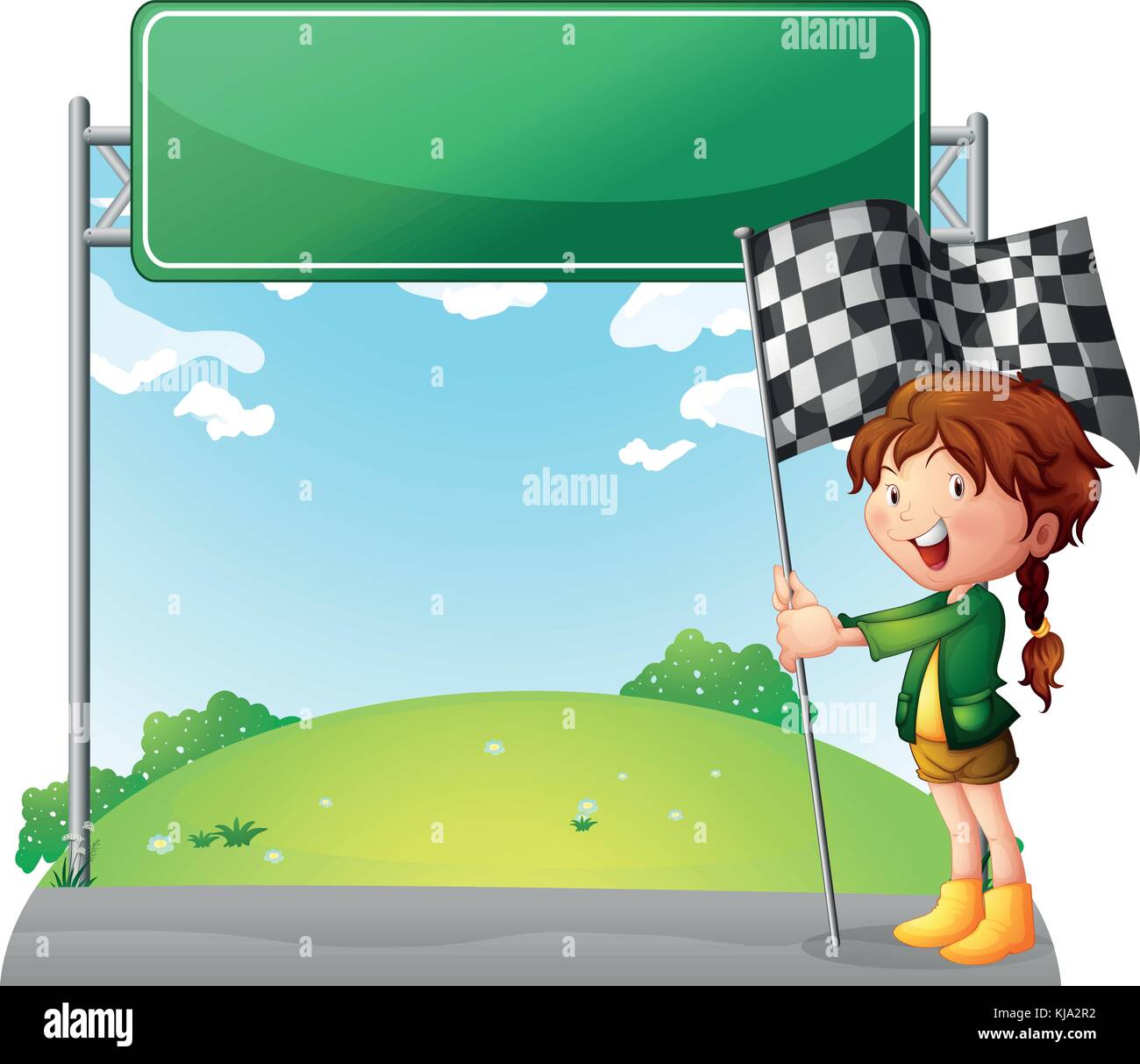 Illustration of a girl holding a racing flag on a white background Stock Vector