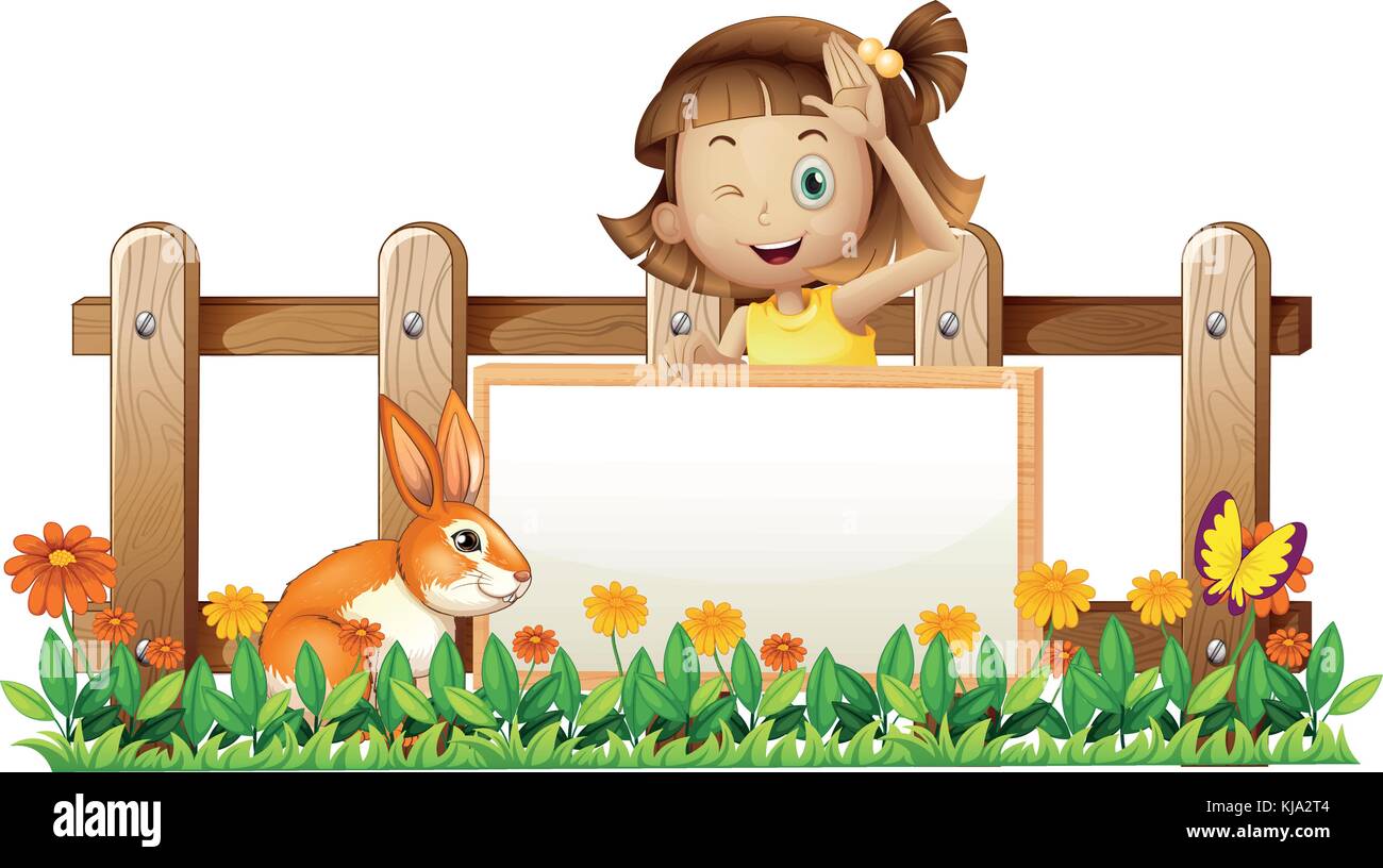 Illustration of a girl holding an empty framed banner with a rabbit ...