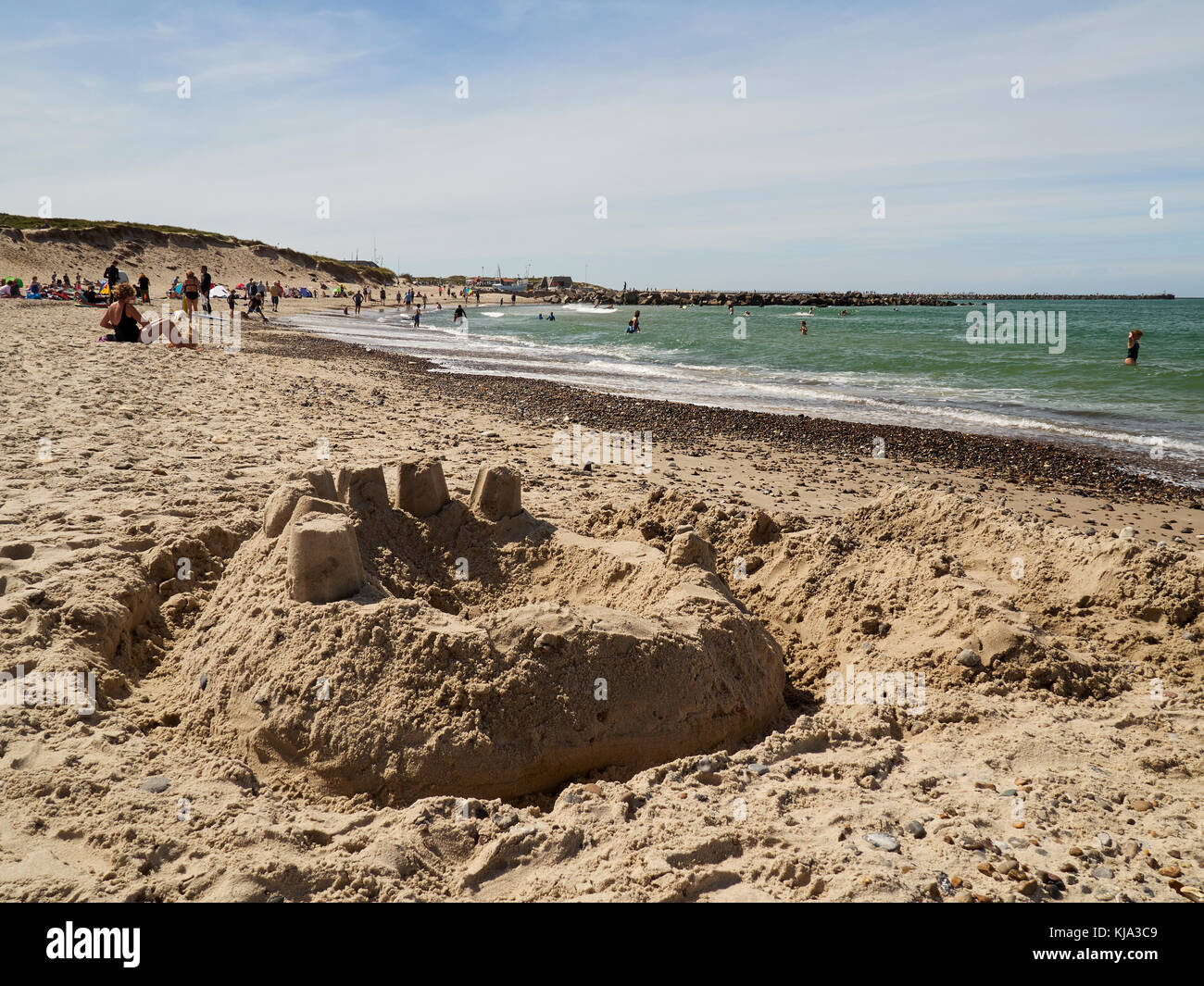 Sand castle on the beach, Nr. Vorupør, Denmark Stock Photo