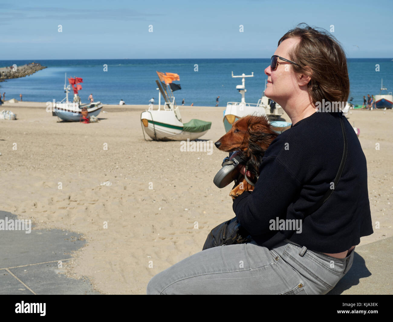 Woman with dachshund, Nr. Vorupør, Denmark Stock Photo