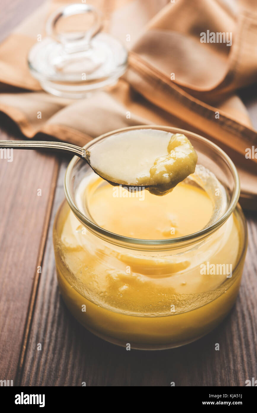 Desi Ghee or clarified butter in glass or Copper container or ceramic