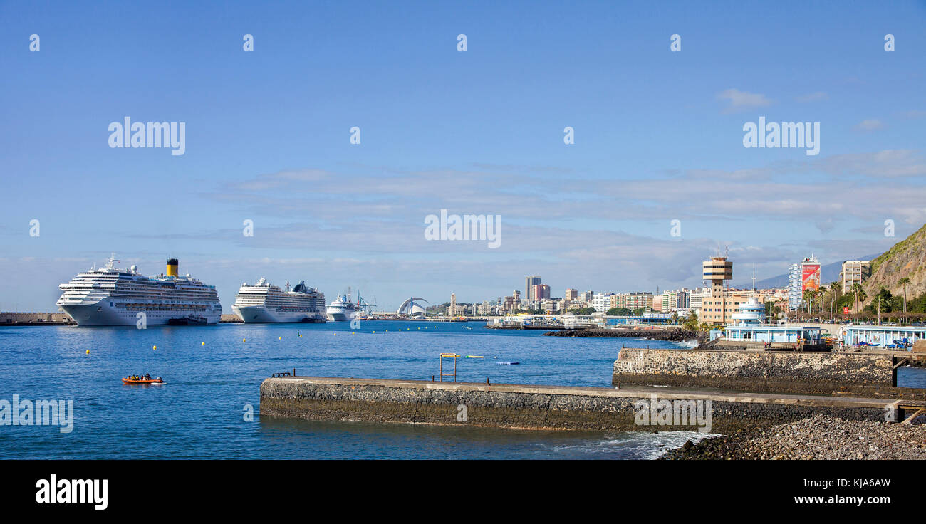 Cruise ship at the harbour of the capital Santa Cruz, Tenerife island, Canary islands, Spain Stock Photo