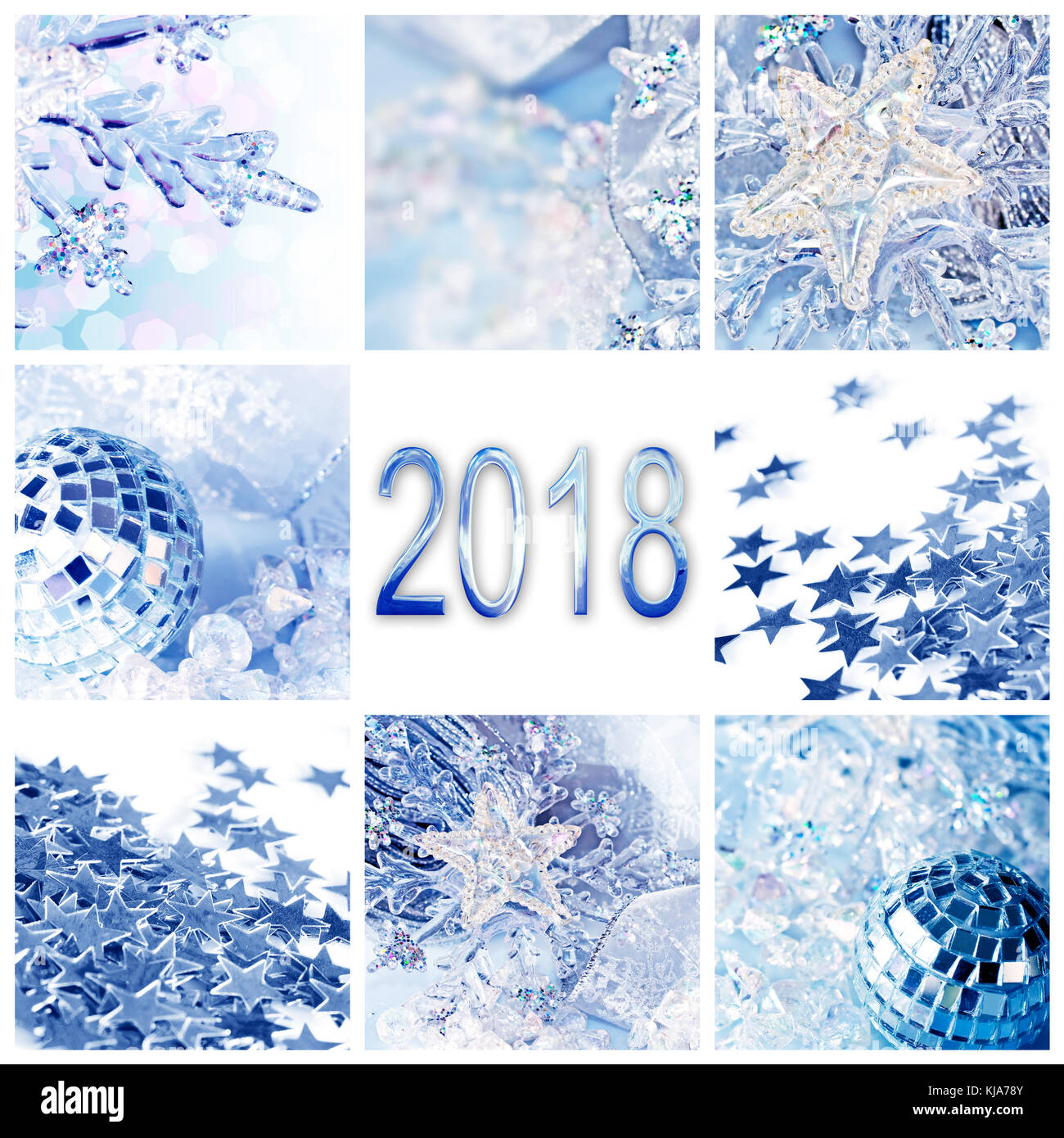 2018, blue christmas ornaments collage square greeting card Stock Photo