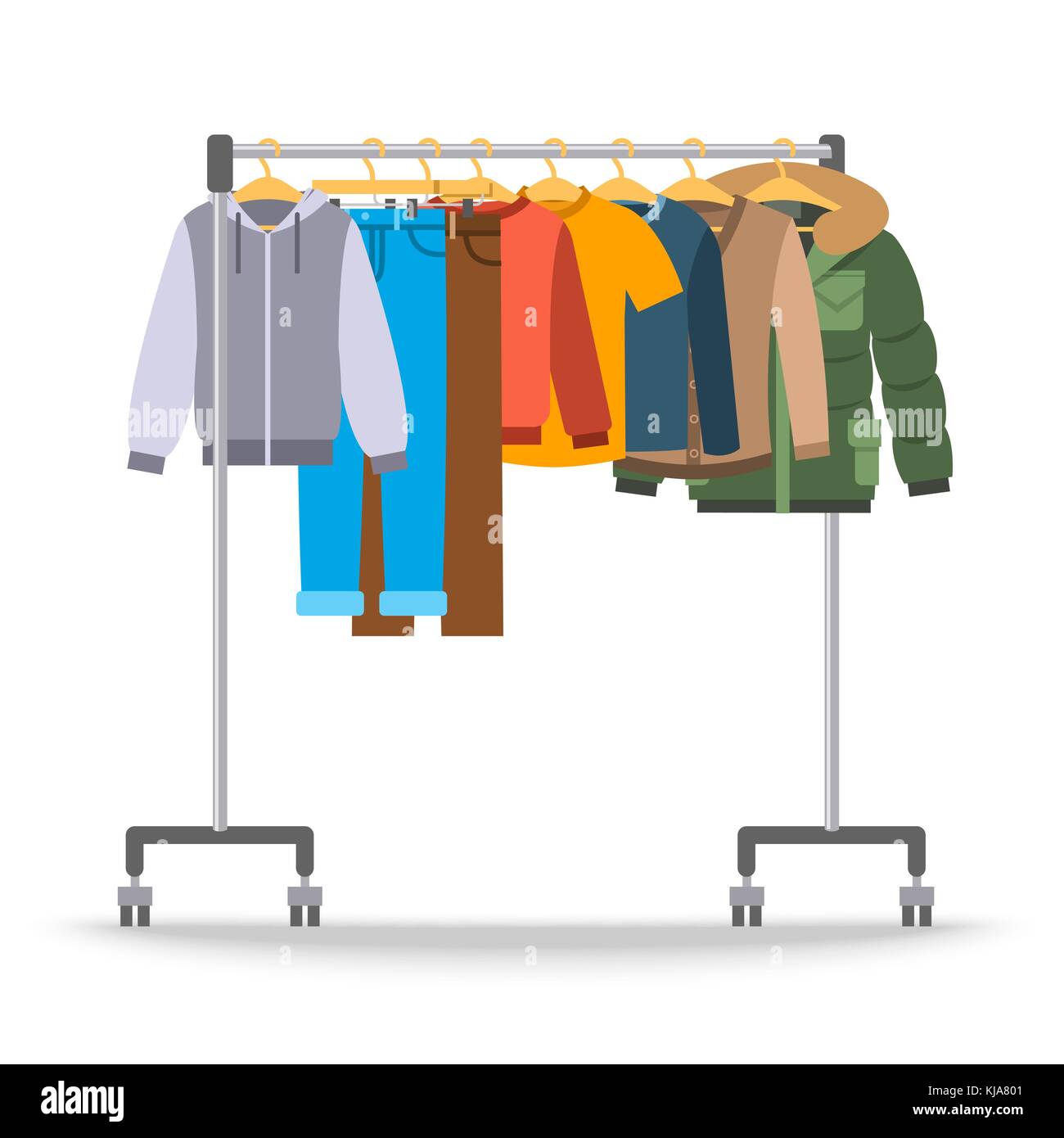 Men casual warm clothes on hanger rack. Flat style vector illustration. Male apparel hanging on shop rolling display stand. Winter and autumn outfit n Stock Vector