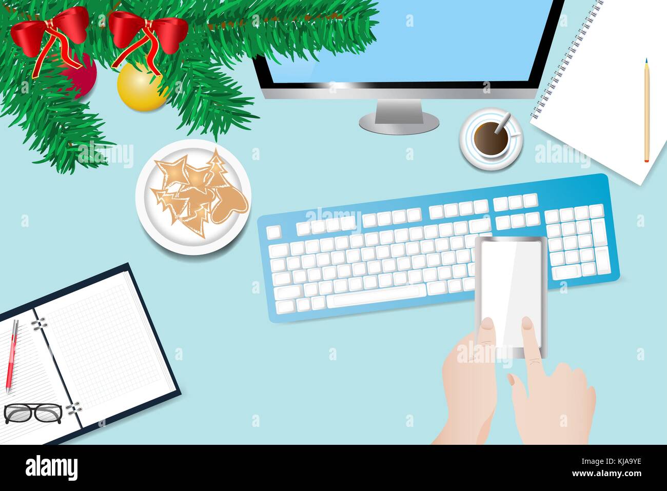 Top View Of The Office Desk With Christmas Decoration Blank Stock