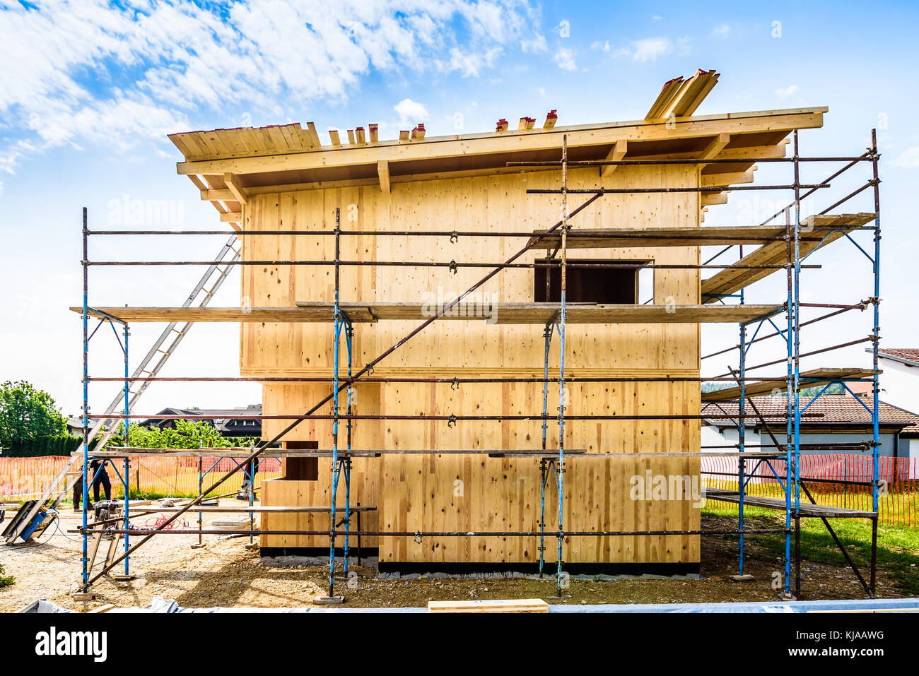 Building energy efficient passive wooden house. Construction site and