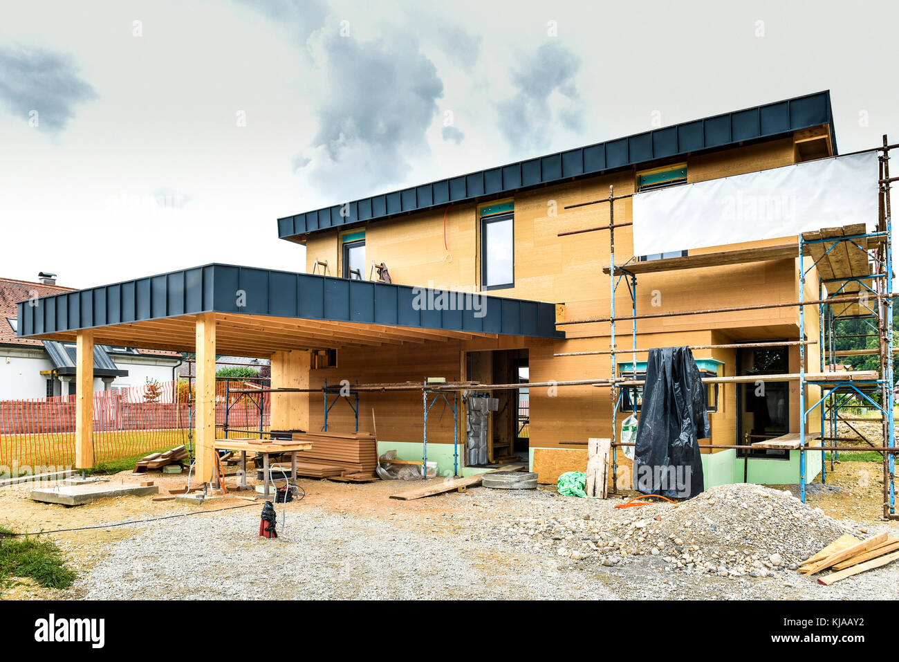 Building energy efficient passive wooden house. Construction site and