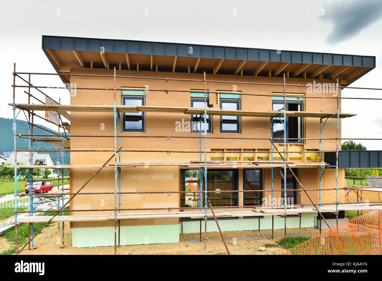 Building energy efficient passive wooden house. Construction site and