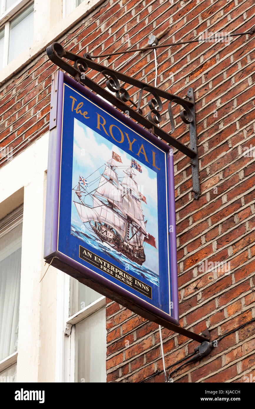 The pub sign on The Royal Hotel and pub on Church Street, Hartlepool Town Center, County Durham