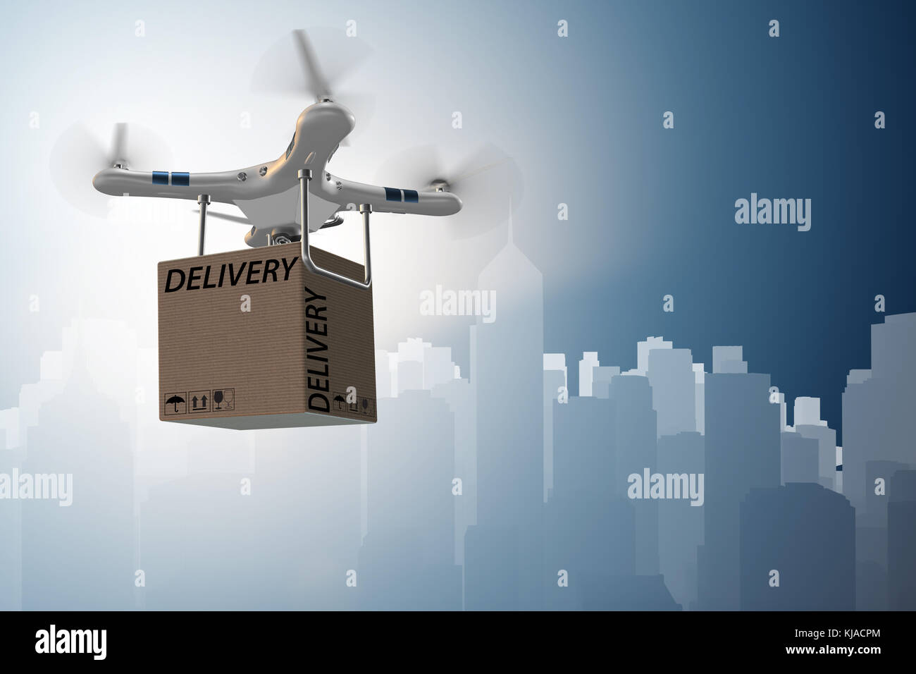Drone delivery concept with box in air - 3d rendering Stock Photo - Alamy