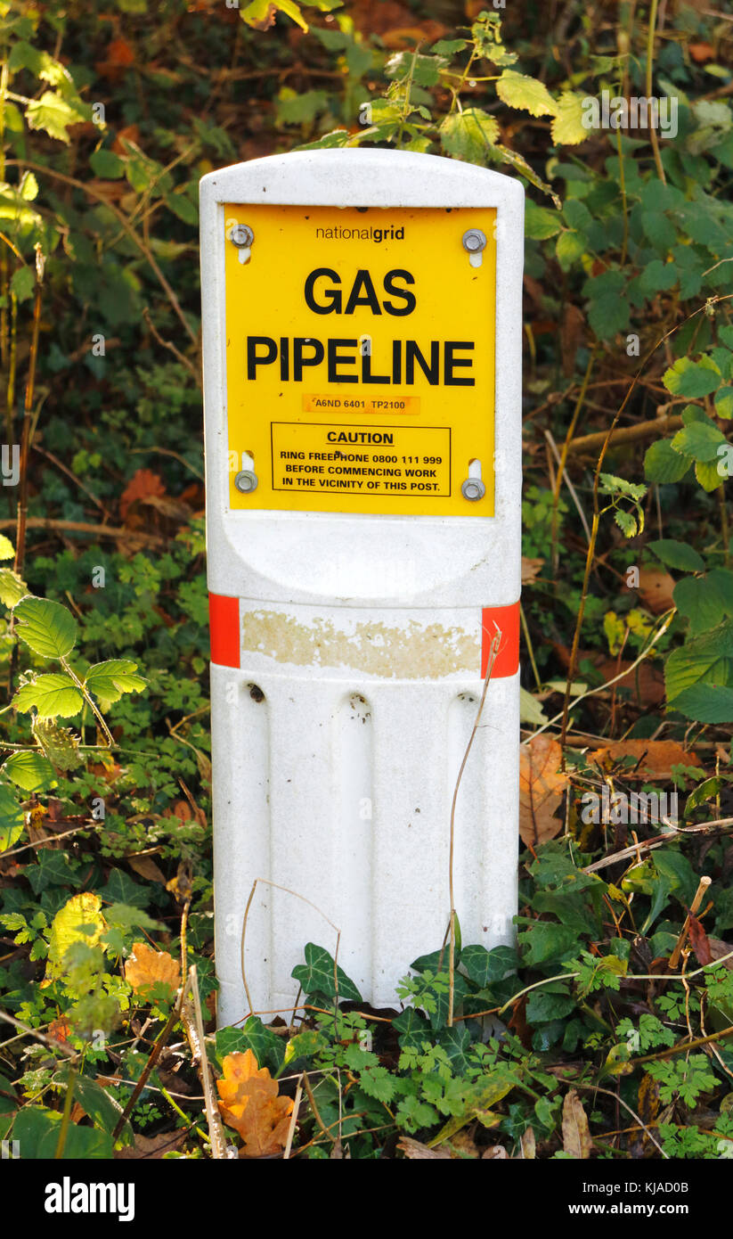 A gas pipeline indicator post in North Norfolk at Aylmerton, Norfolk, England, United Kingdom. Stock Photo