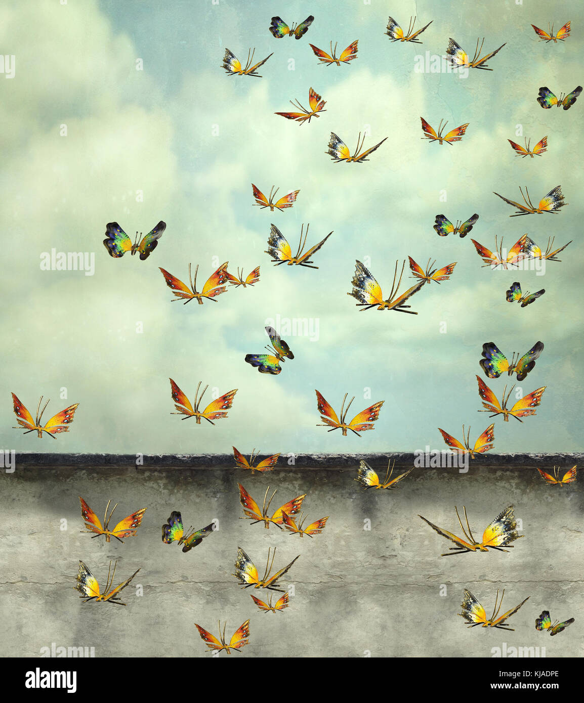 Many colorful butterflies flying into the sky with a peeling wall, illustrative photo and artistic Stock Photo