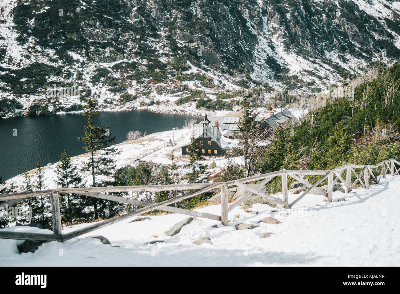 Samotnia shelter in the Karkonosze mountains in Poland in a snow covered landscape Stock Photo