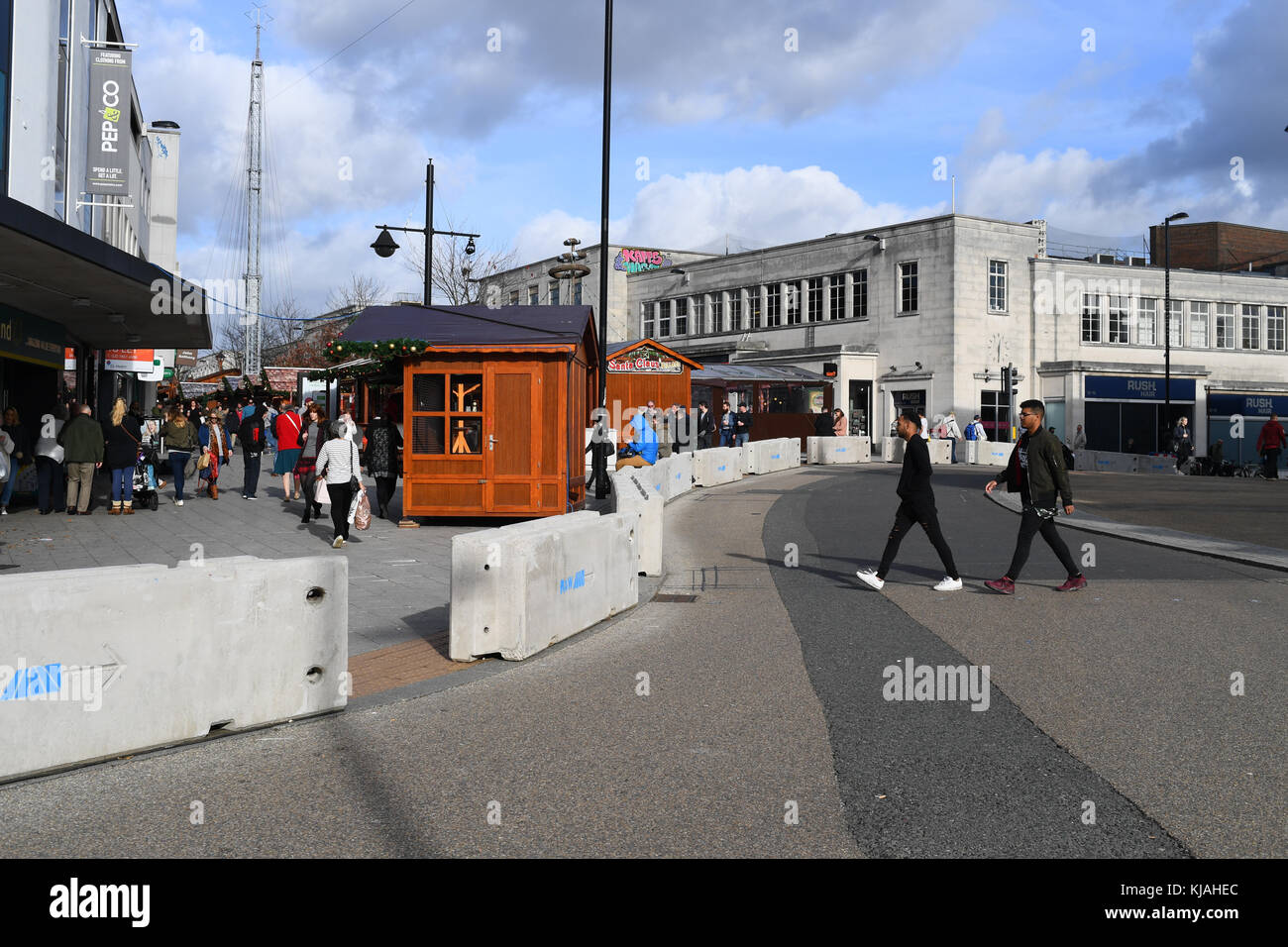 Concrete structures erected in Southampton England at the entrance to the  Christmas market to protect against terrorism using vehicles as weapons. Stock Photo