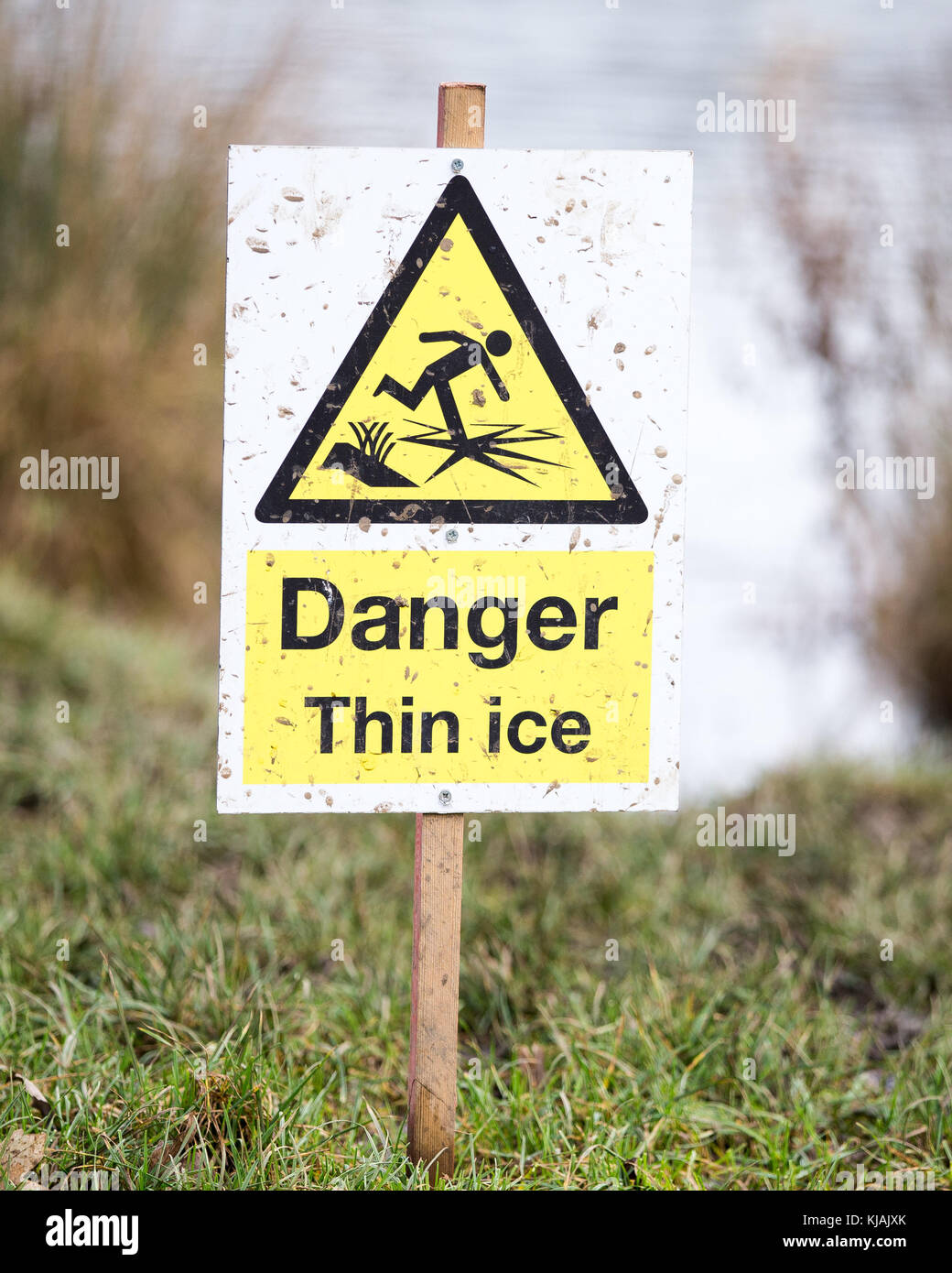 Danger Thin Ice Sign - Cold Weather Warning Sign Stock Photo