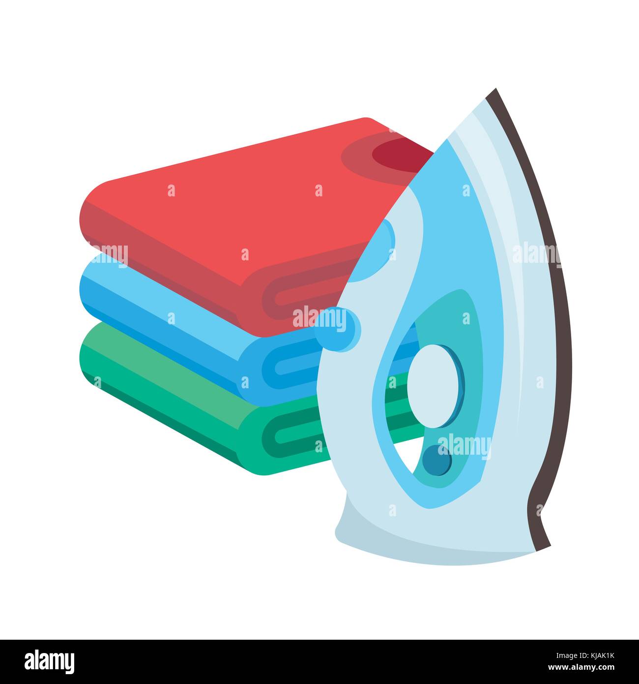 iron and linen vector. Ironing linen with steam generator. A stack of ironed tshirts lying next to the iron. Stock Vector