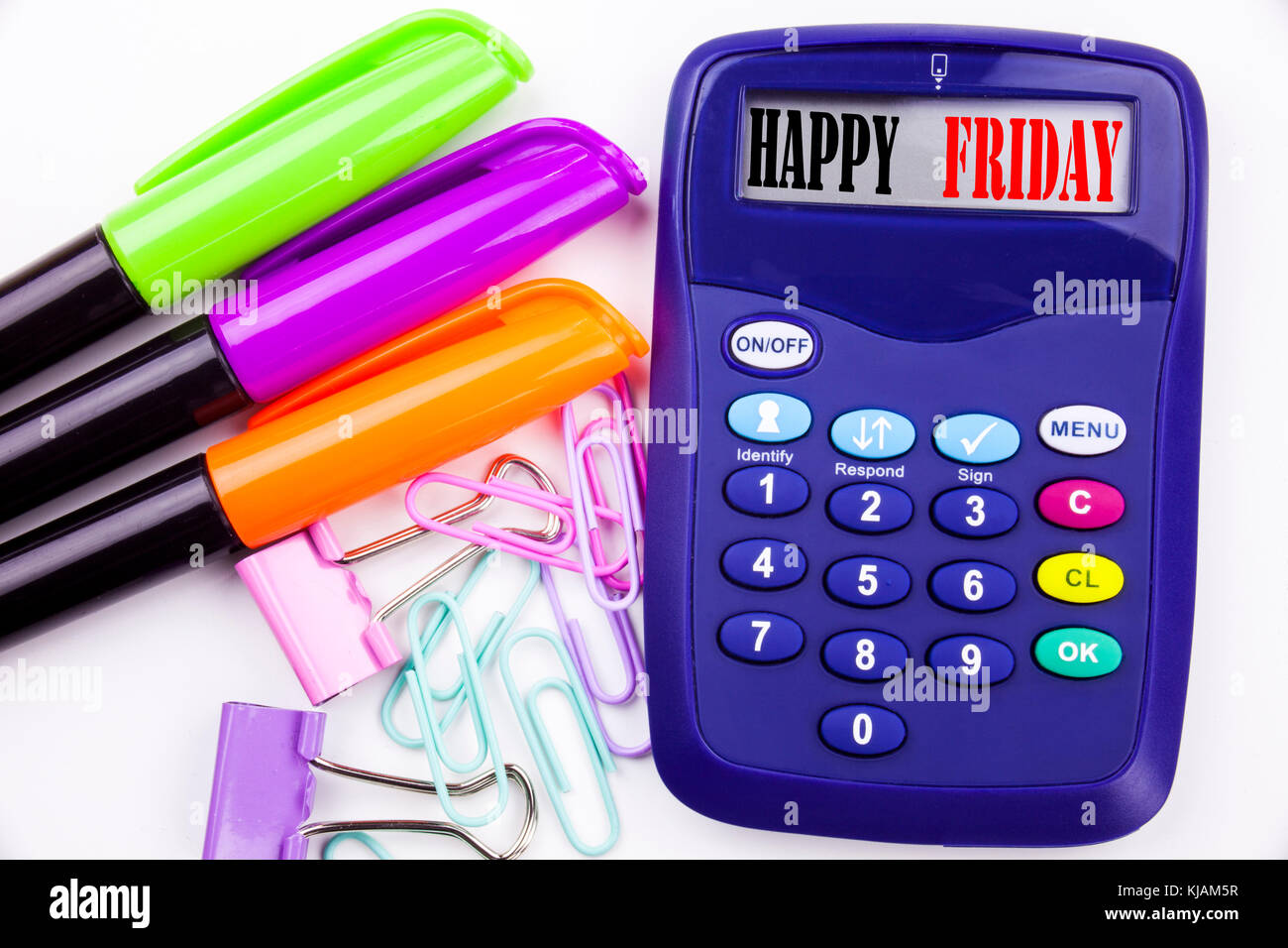 Writing word Happy Friday text in the office with surroundings such as ...