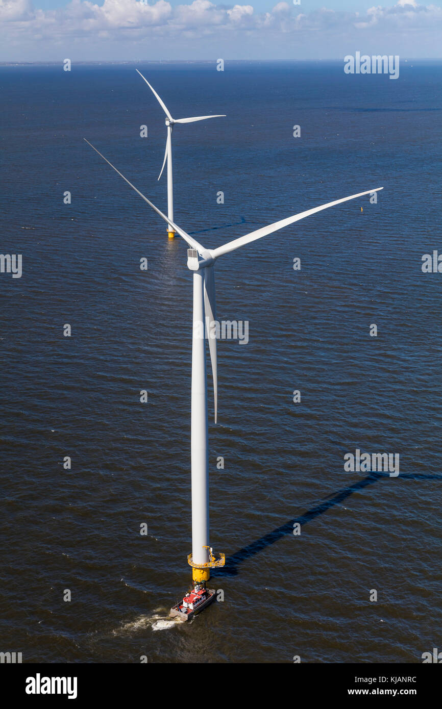 Aerial view of wind turbines, North Holland, Netherlands Stock Photo