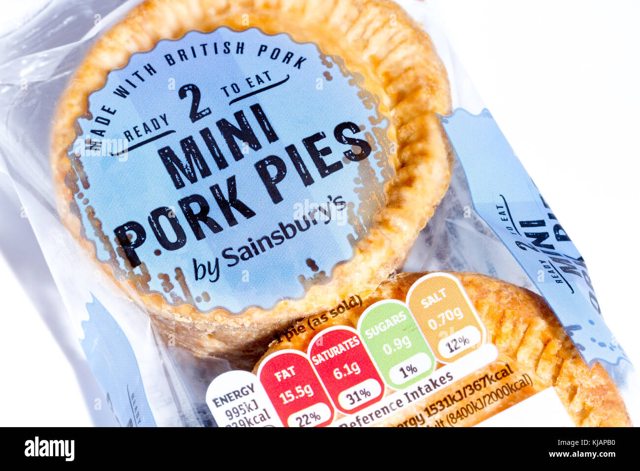 Close up of a pack of Sainsbury's 2 mini pork pies with the traffic light rating system nutritional information label, United Kingdom Stock Photo