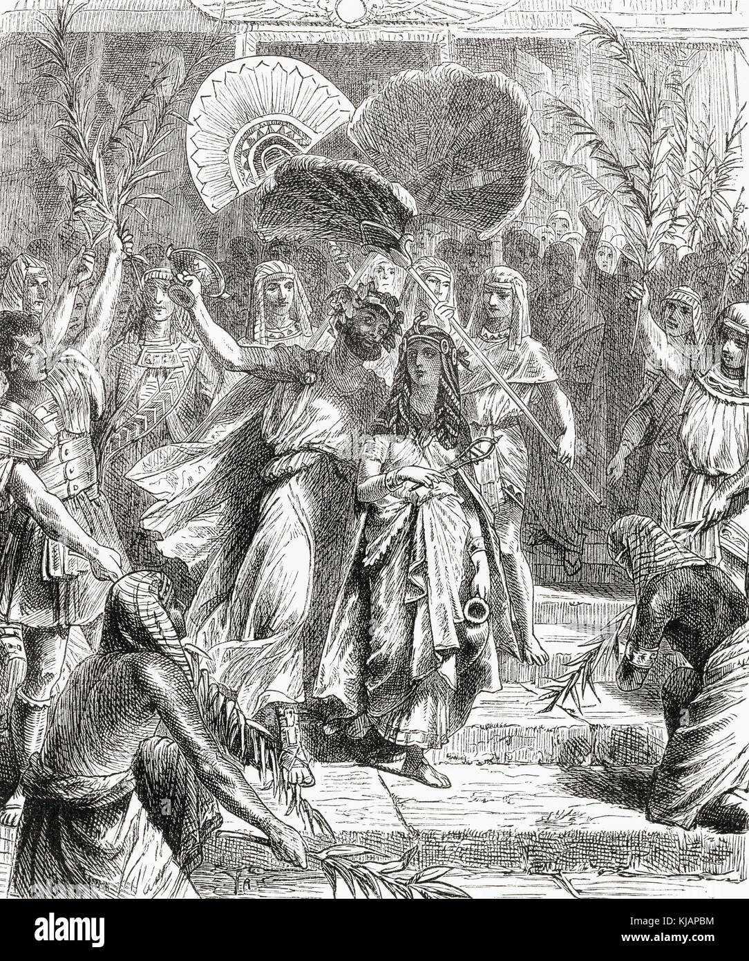 The marriage of Masinissa and Sophonisba.  Masinissa or Masensen, c.238 – 148 BC, also spelled Massinissa and Massena. First King of Numidia.  Sophonisba also spelled Sophonisbe, Sophoniba.  Carthaginian noblewoman.  From Ward and Lock's Illustrated History of the World, published c.1882. Stock Photo