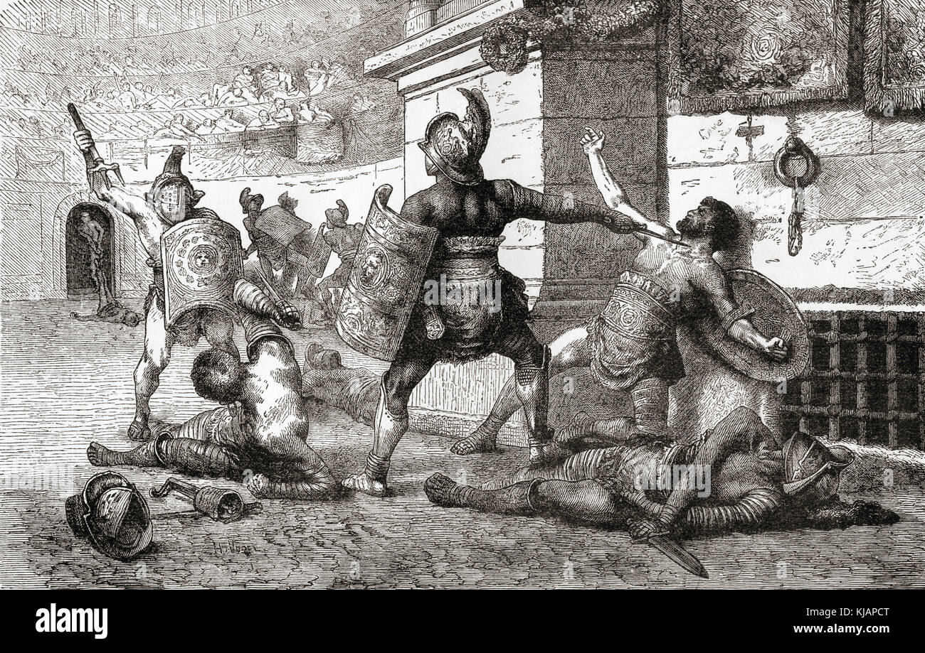 A combat between Gladiators in ancient Rome.  The vanquished appealing to the spectators for mercy.  From Ward and Lock's Illustrated History of the World, published c.1882. Stock Photo
