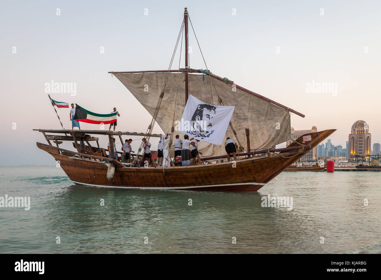 Traditional wooden boats dhow in Katara beach, Qatar Stock Photo