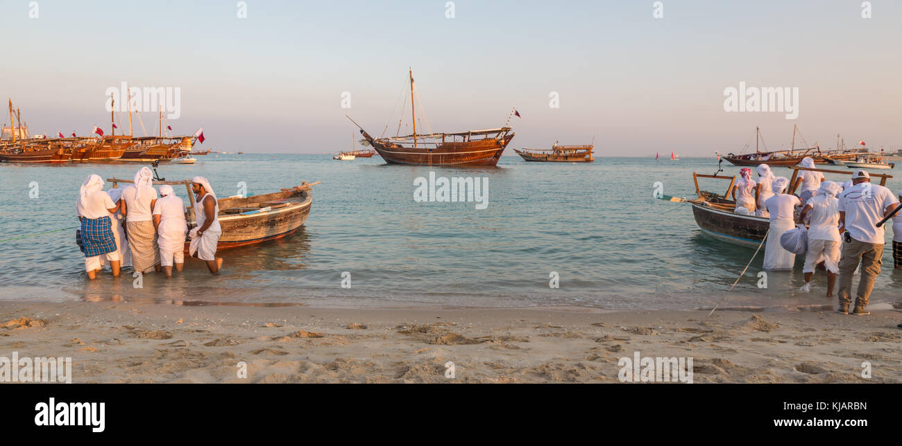 Traditional wooden boats dhow in Katara beach, Qatar Stock Photo Alamy