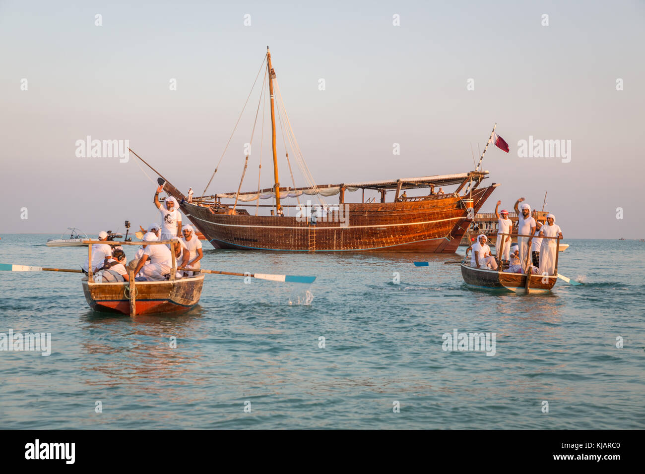 Traditional wooden boats dhow in Katara beach, Qatar Stock Photo